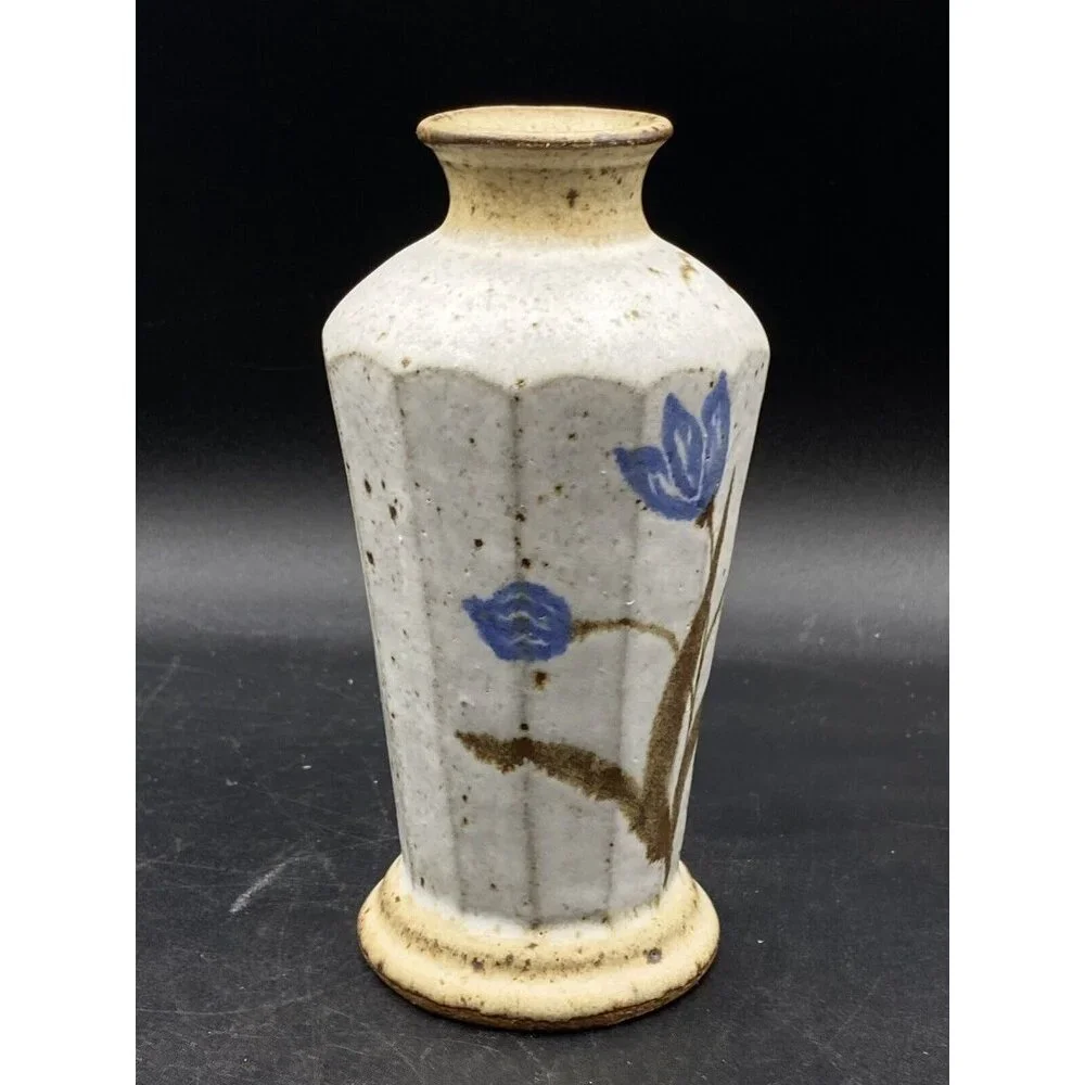 Stoneware Vase Flowers Sand and Browns Color Signed Crown 6.5”